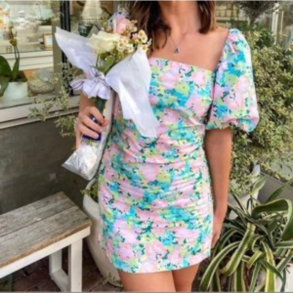 Gianni Bini Puff Sleeve Pastel Floral Dress Size Large